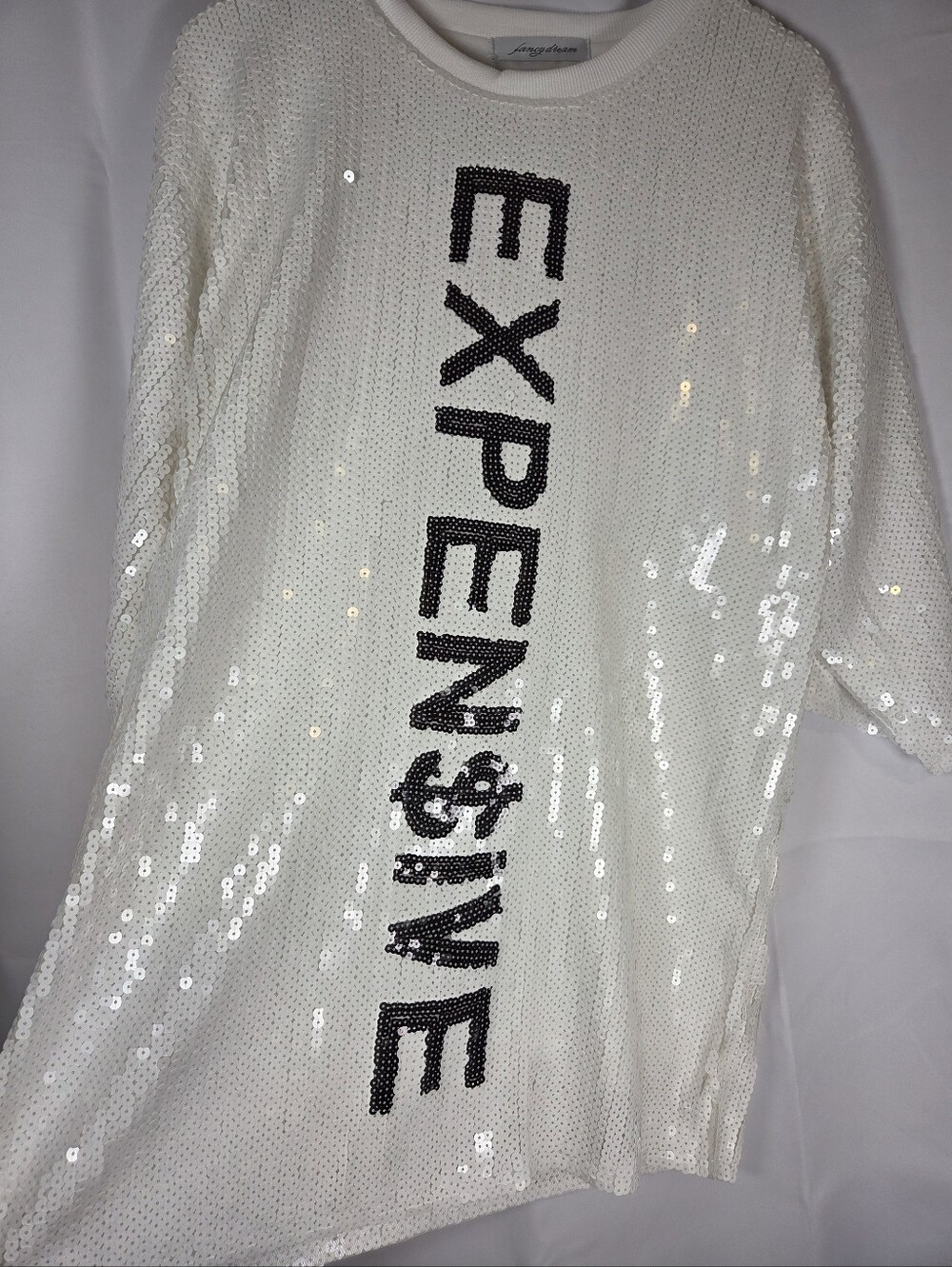 Fancy Dream White Sequin 'Expensive' Tunic Shirt Women's One Size Approx L/XL
